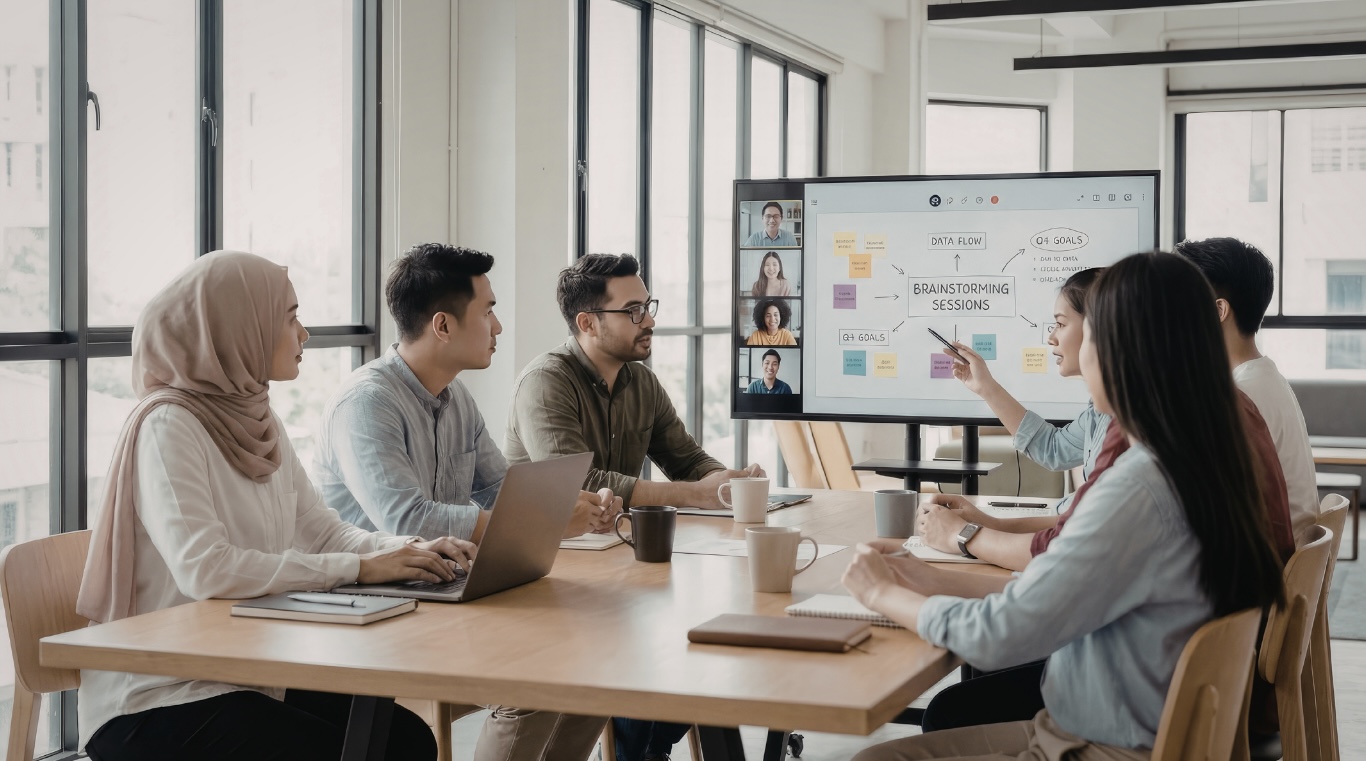 Professional team collaborating at modern workspace